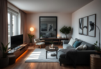 Cozy living room with modern furniture and decor in neutral color palette