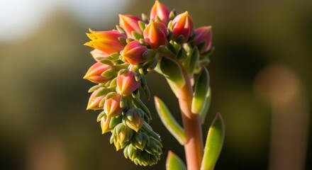 Close-up of vibrant succulent blossoms, showcasing a cluster of orange and pink flower buds on a light green stem against a blurred background.