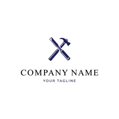 A minimalist logo featuring a crossed hammer and chisel, symbolizing craftsmanship and construction, with space for company name and tagline.