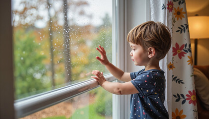 Curious child gently tapping the window on a rainy day, childhood wonder