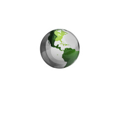 A globe with green continents and a white background