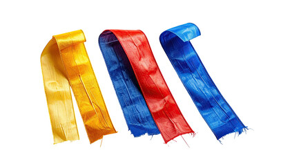 Naklejka premium Four colorful ribbons, yellow, red, and blue, lie against a black background. The ribbons appear slightly textured and have frayed edges. They are oriented diagonally