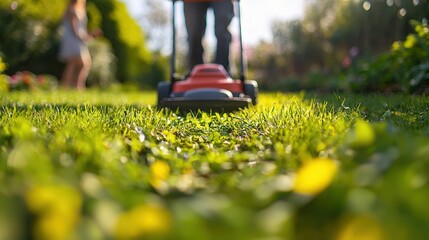 Man using a lawn mower on a sunny day in a vibrant garden with children playing in the background
