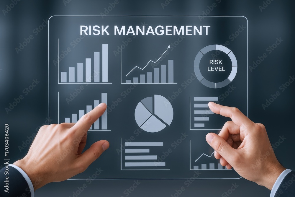 Poster risk management interface display showing financial data analysis and charts, strategy planning for 