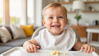 Joyful baby smiling in high chair with food, innocence and delight