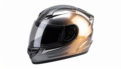 Fototapeta premium Studio Shot of Sleek Gray Metallic Motorcycle Helmet with Shiny Surface and Full Face Protection on White