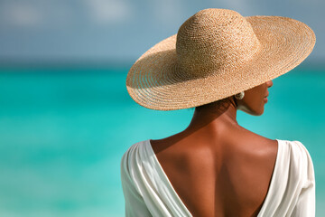 Woman wearing a wide-brimmed straw hat and white dress enjoying a sunny day by the turquoise sea with a blurred blue sky in the background