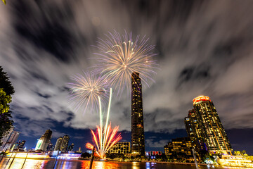 The blurred background of fireworks (light trails) is beautiful at night, seen in the New Year...
