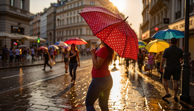 Joyful woman spinning under a polka dot umbrella in rainy street, celebration