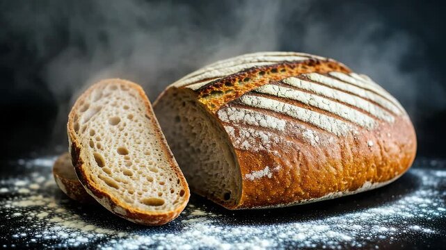 A snail on a wooden plate with a slice of fresh whole wheat bread