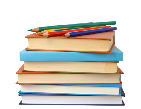 Colorful Pencils Resting on Stacked School Books, Front View Close-Up, Isolated on Transparent Background