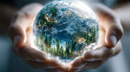 Close-up of hands gently holding a crystal globe reflecting green trees and illuminated city lights symbolizing care for nature and environmental protection