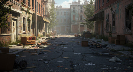 Abandoned urban street with debris and overgrown vegetation