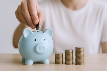 Piggy Bank Savings: Person Depositing Coin to Build Financial Growth and Future Prosperity