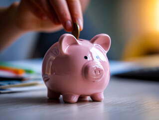 Person inserting a coin into a pink piggy bank on a desk