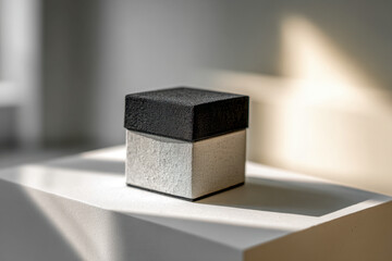 Minimalist black and white textured fabric gift box placed on a white surface with soft natural lighting and blurred background creating elegant shadows and depth