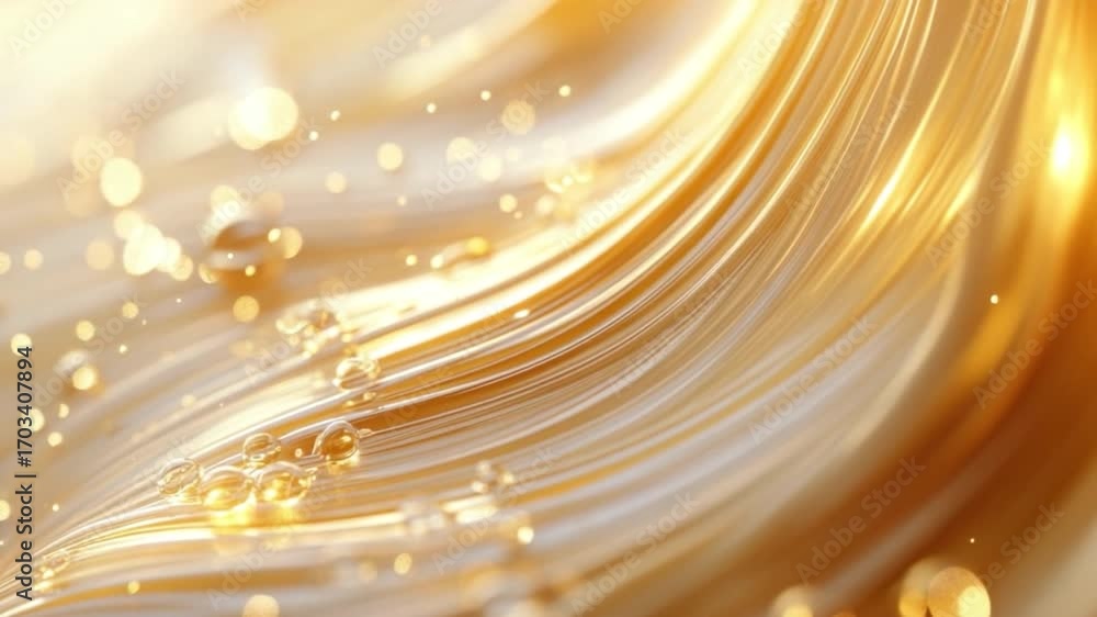 Poster glimmering gold fluid texture with light reflections and bokeh effect for artistic backgrounds and d