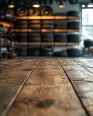 Rustic wooden tabletop in a cozy workshop or garage setting