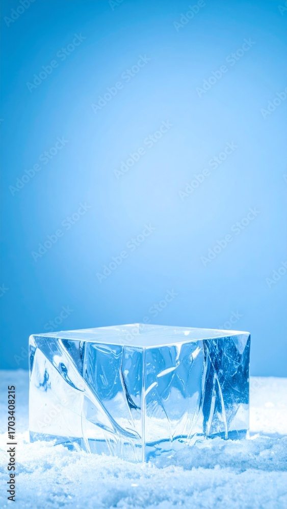 Poster icy cube with sparkling surface resting on snow in a gradient blue studio setting