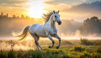 Obraz premium Majestic White Stallion Running Free at Sunrise
