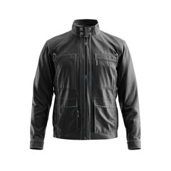 A dark gray or black, full-front zipped jacket, featuring multiple pockets, a stand-up collar, and long sleeves.  It appears to be a casual or outdoor style jacket, presented in a studio shot