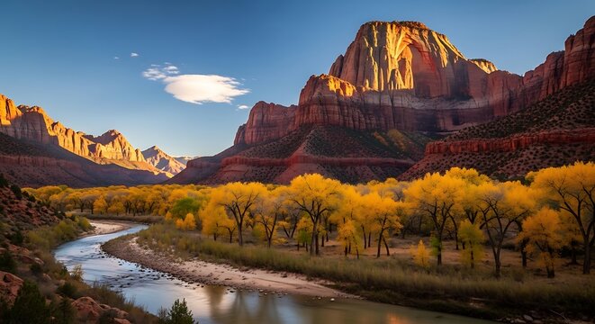 Golden Autumn River Valley with Majestic Mountains at Sunrise. - Powered by Adobe