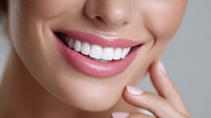 Obraz premium A close-up of a smiling woman showcasing bright white teeth and soft pink lips, highlighting a radiant and confident expression.