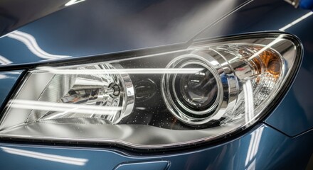 Fototapeta premium Sleek Projector Headlight on a Metallic Blue Car with Gleaming Chrome and Light Reflections