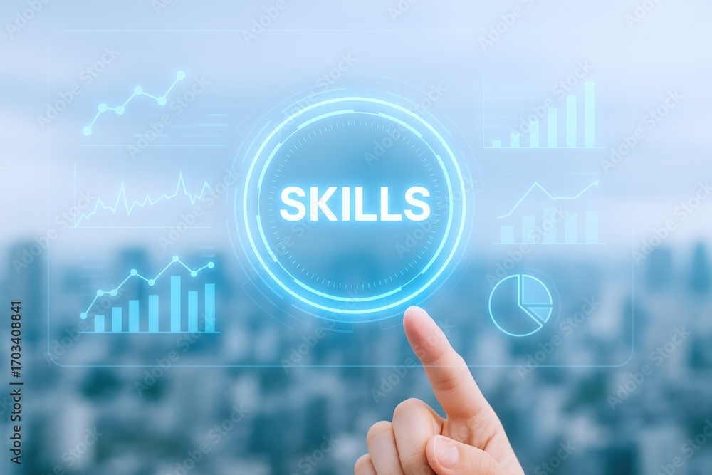 Poster digital skills development: hand touching virtual interface button for growth and enhancement