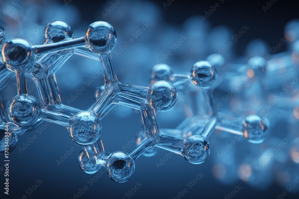 Poster molecular structure visualization: transparent molecule model in a scientific research setting, expl