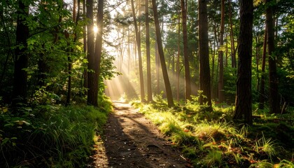 Sunlight streams through tall trees, illuminating a path in a lush, green forest. Mist and shadows create a serene, natural scene