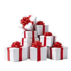 Fototapeta premium A stack of white gift boxes with red ribbons