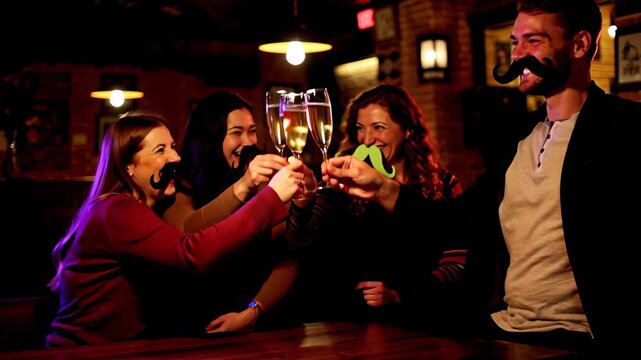 Friends in bar wearing fake mustaches and toasting with champagne glasses. Movember