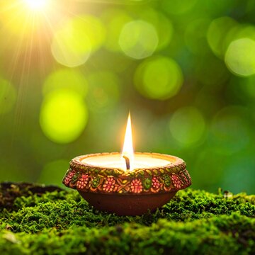 Indian festival happy Diwali oil lamp or diya on natural green background