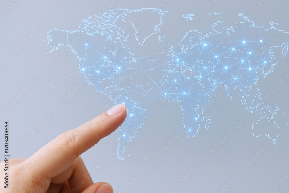 Poster global connection concept: hand interacting with a digital world map representing international netw