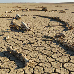 Desolate landscape with animal bones scattered on dry cracked earth