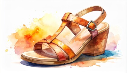 Naklejka premium Watercolor Illustration of Stylish Orange Leather Sandal Shoe on White Background
