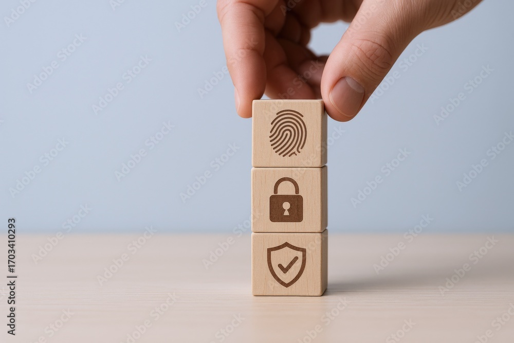 Poster cybersecurity concept: wooden blocks displaying fingerprint, lock, and checkmark, representing digit