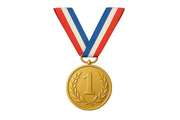 Gold medal with number one suspended from patriotic ribbon, symbolizing winning performance and championship success