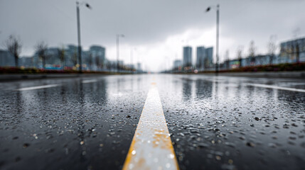 Wet road with a white line leading to city buildings on a cloudy day.