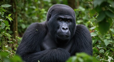 Obraz premium Majestic silverback gorilla gazes intently from lush jungle foliage, exuding raw power and gentle wisdom in a captivating wildlife portrait