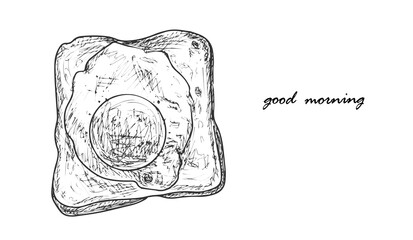 Fried egg toast and good morning words, black and white illustration