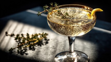 Elegant Cocktail with Thyme and Lemon Twist: Sophisticated Drink Photography for Bar and Restaurant Menus