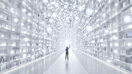 Man Interacting with Infinite Digital Knowledge in Futuristic AI Library