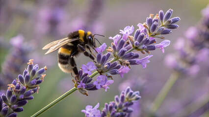 A bumblebee, fuzzy and yellow-striped, clings to vibrant purple lavender blossoms under soft, diffused light, creating a serene, close-up, nature-focused ambiance.  © prabuddamadushan