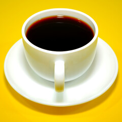 Black coffee cup and saucer with yellow background close-up view 