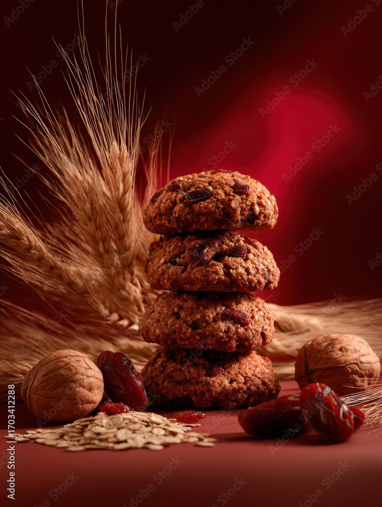 Poster delicious stack of oatmeal cookies with dates and walnuts on a red background, baking concept
