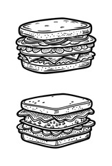 A set of black and white illustrations of sandwiches