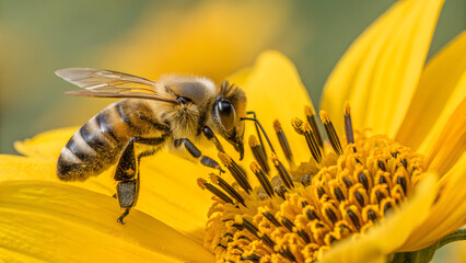 Honeybee Pollinating a Sunflower Close-Up