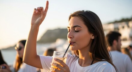 At a party, a woman in white enjoys a drink through a straw. People gather outdoors and celebrate a fictional event.

